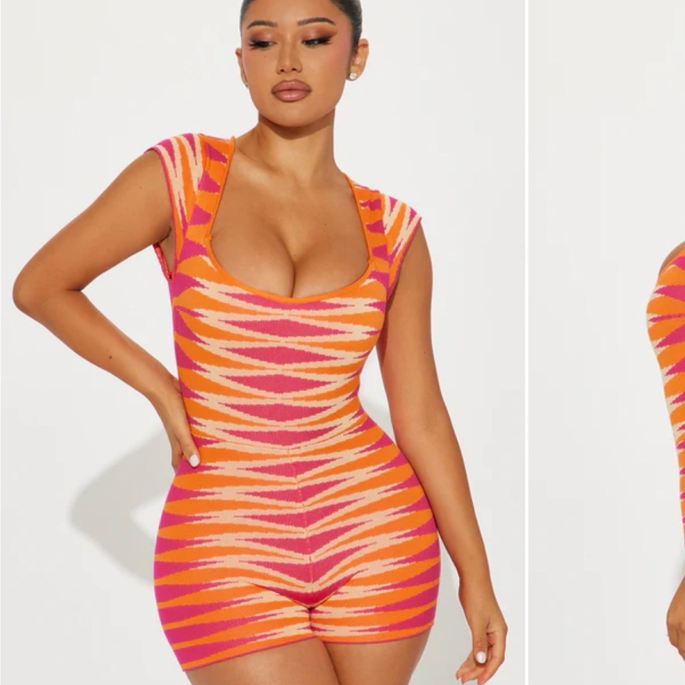 Fashion Nova Pink and Orange Striped Scoop-Neck Romper